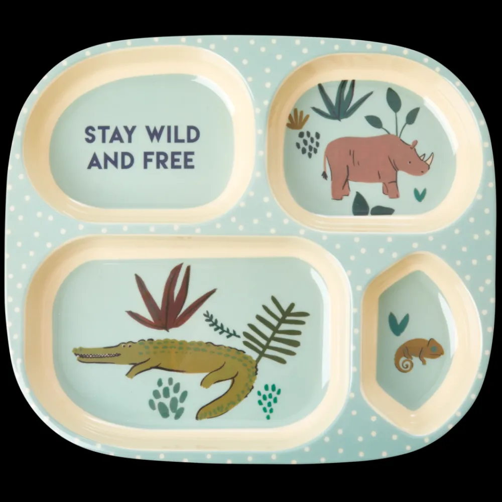 Rice Barnetallerken med 4 rom, Blå jungeldyr, Clearance