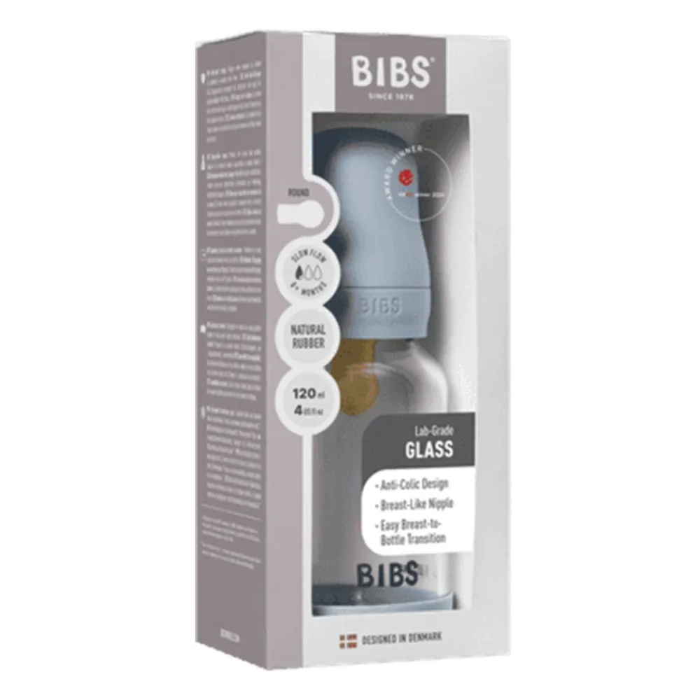 BIBS Glassflaske, Latex, 120 ml, Slow Flow, Baby Blue Discount