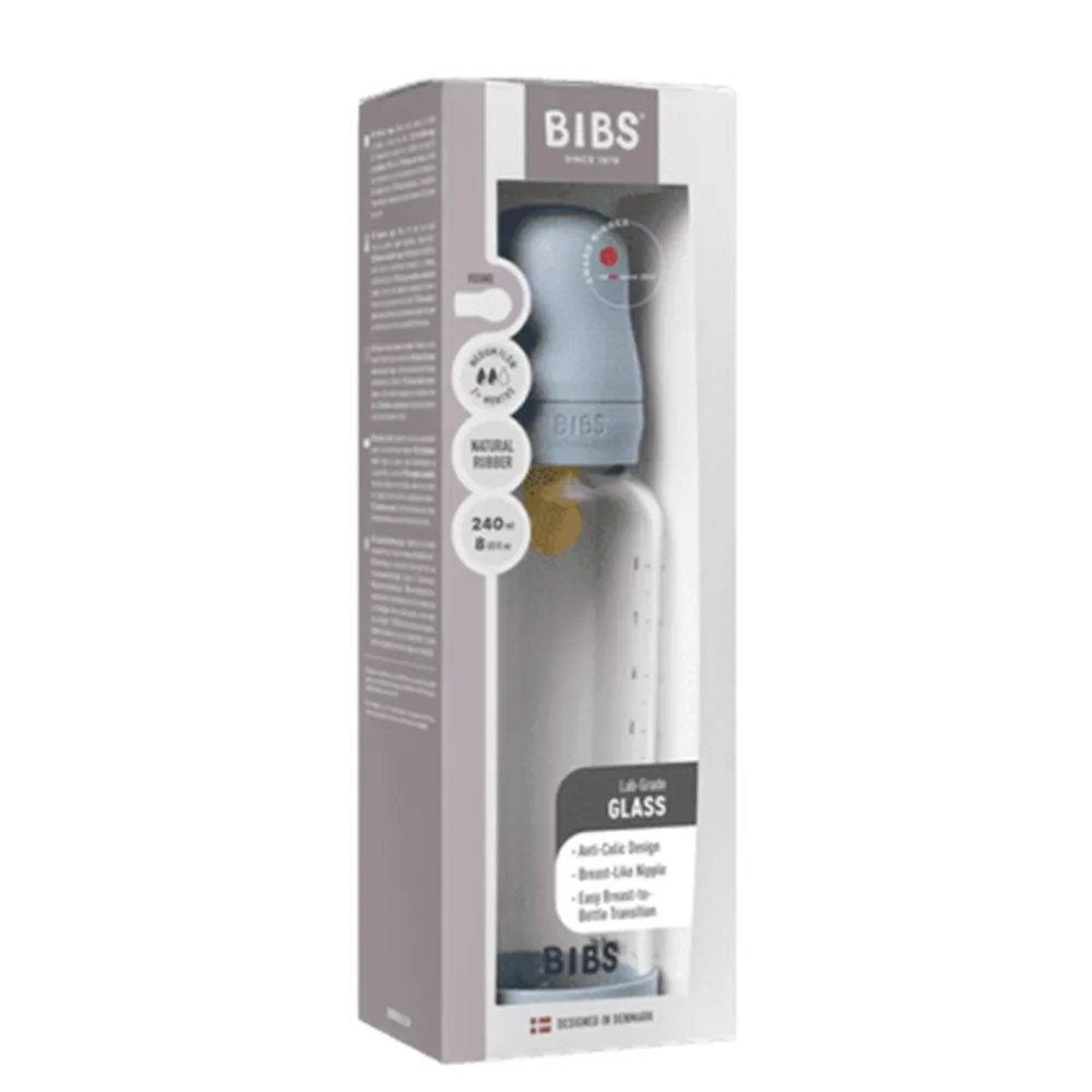 BIBS Glassflaske, Latex, 240 ml, Medium Flow, Baby Blue Best