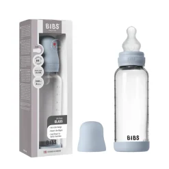 BIBS Glassflaske, Silikon, 240 ml, Medium Flow, Baby Blue New