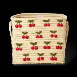 Rice Firkantet kurv med små kirsebærbroderier, Basthåndtak,