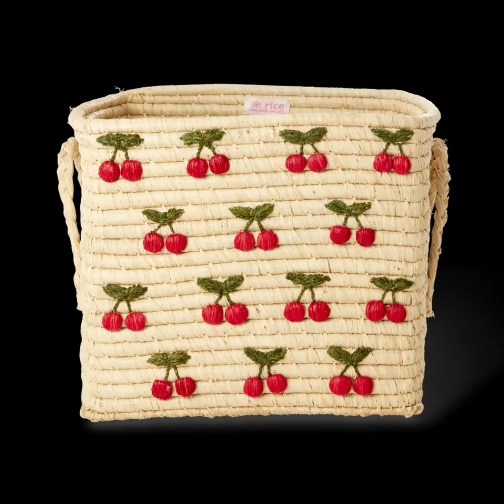 Rice Firkantet kurv med små kirsebærbroderier, Basthåndtak,