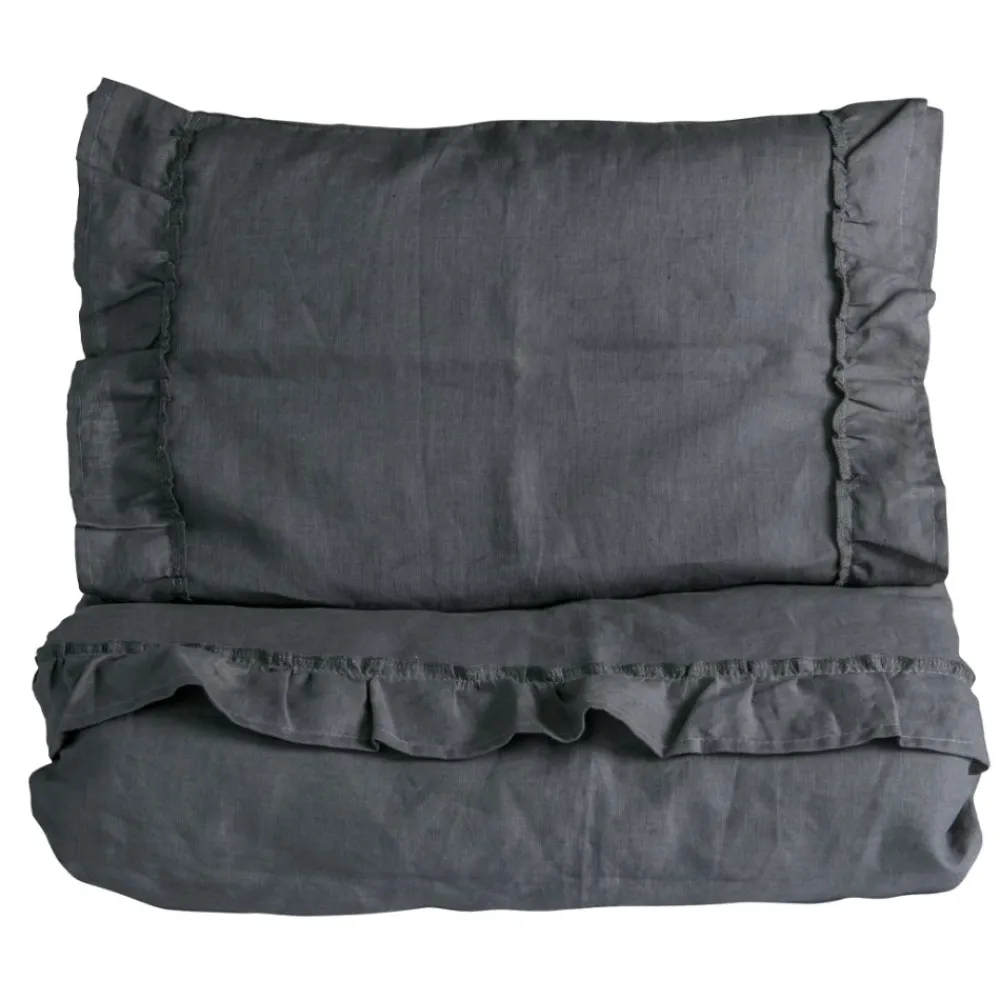 Sengesett, NG Baby, Lin Ruffle, Graphite Grey, 80x100/35x40cm Clearance