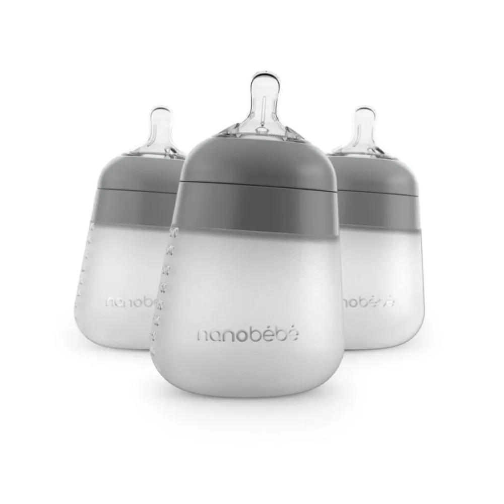 Silikontåteflaske (myk), Nanobébé, Flexy, Grå, 270 ml, 3pk Discount