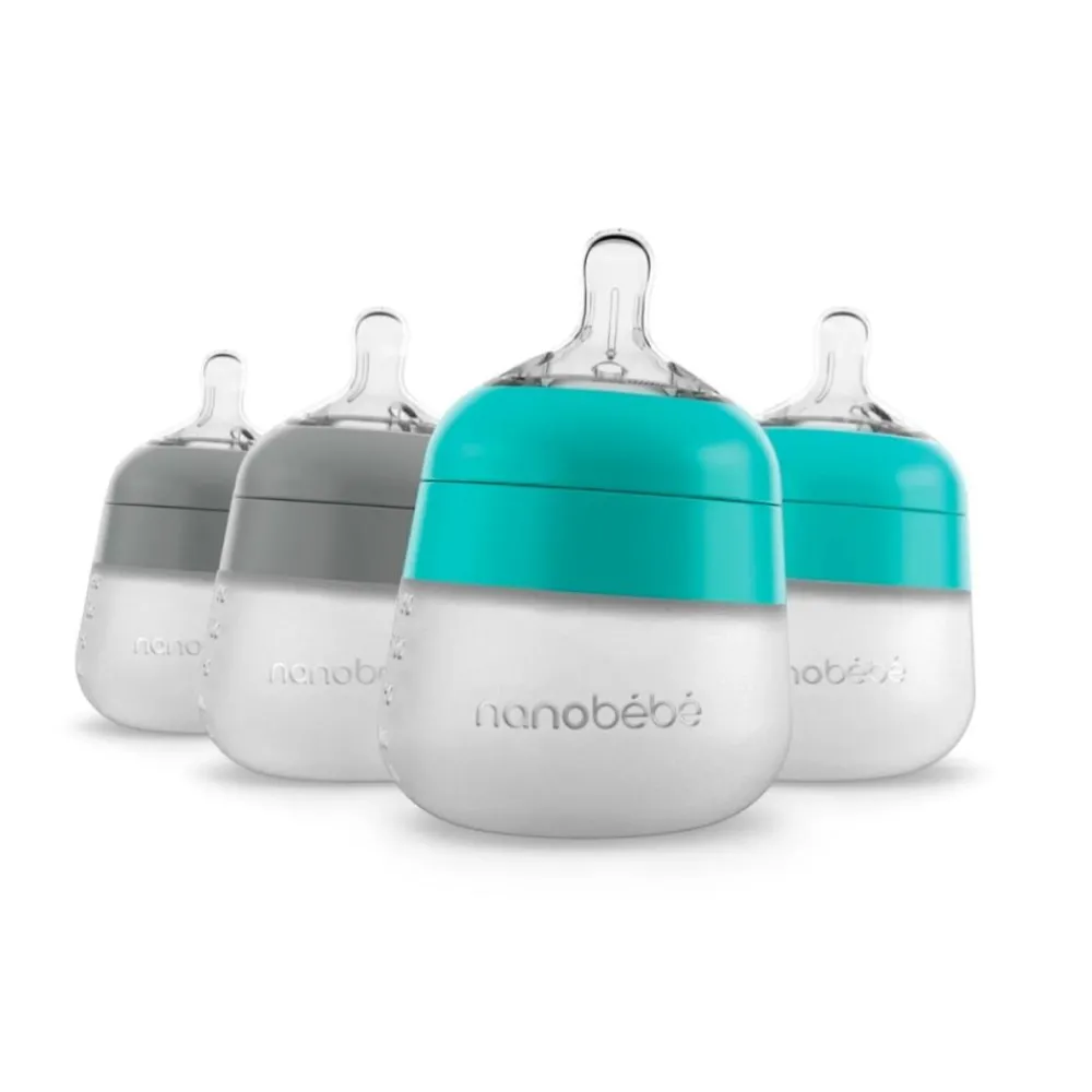 Silikontåteflaske (myk), Nanobébé, Flexy, 2 x Grå og 2 x Turkis,150 ml, 4 pk Clearance
