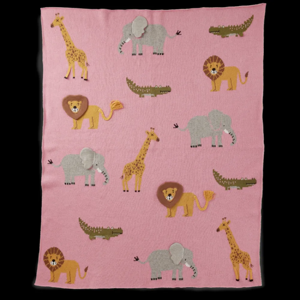 Rice Strikket babyteppe i rosa med dyr og 3D-detaljer, Hot