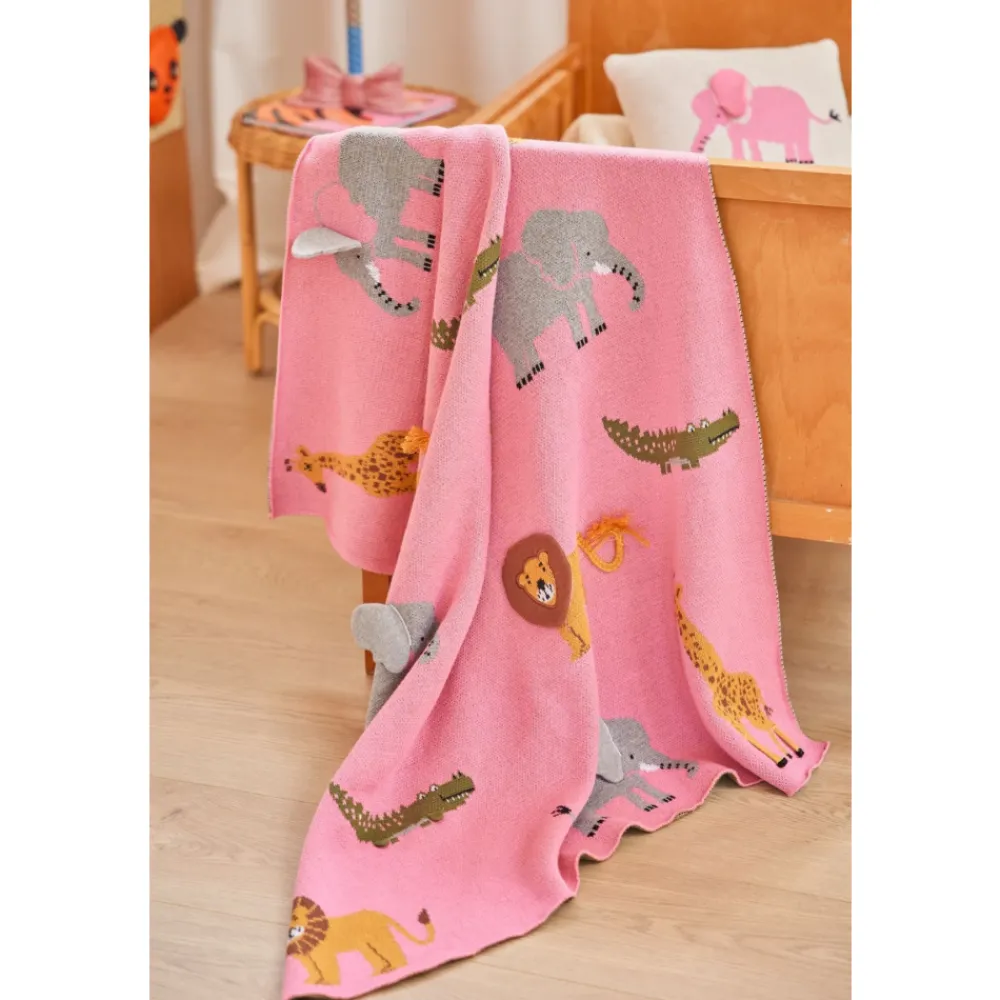 Rice Strikket babyteppe i rosa med dyr og 3D-detaljer, Hot