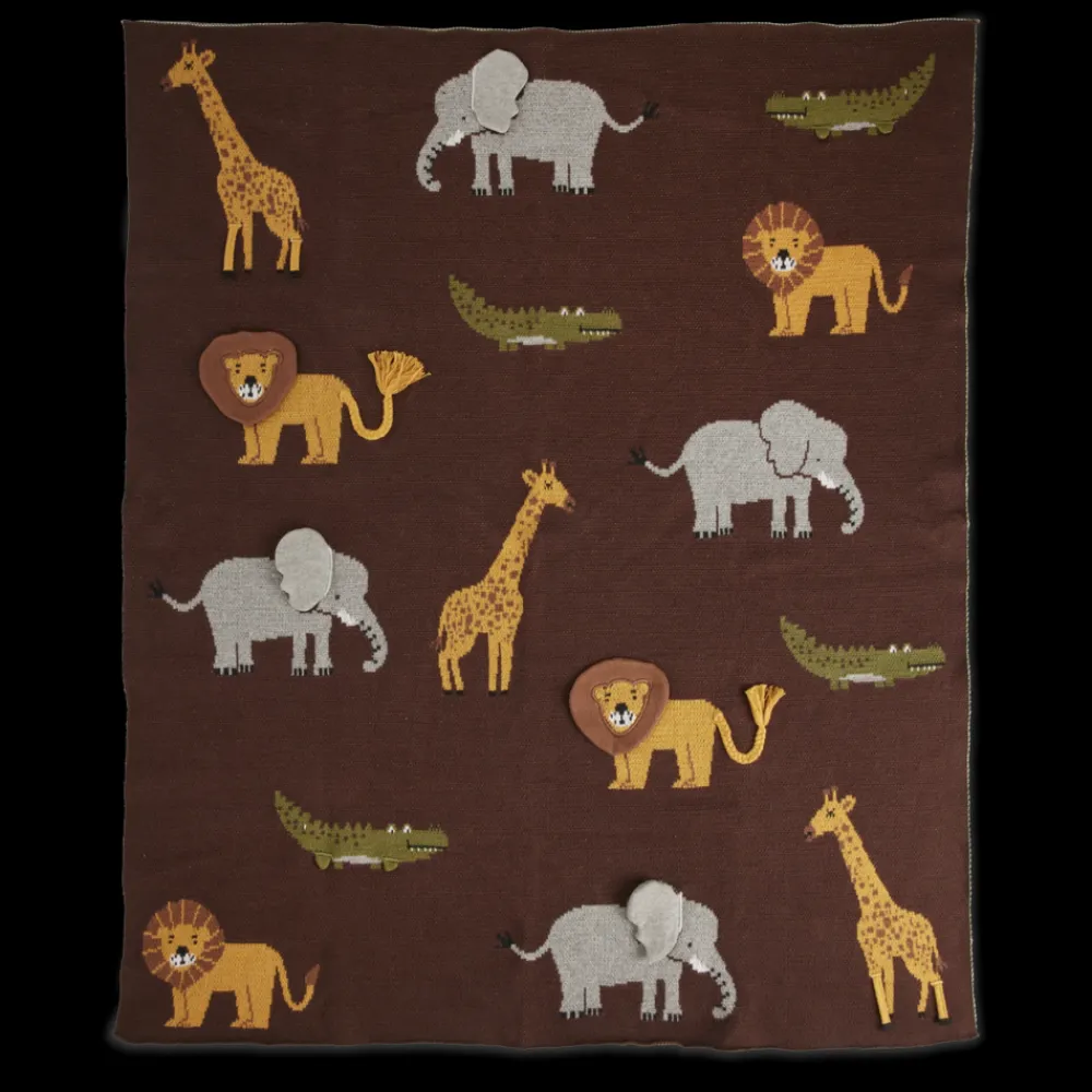 Rice Strikket babyteppe i sjokoladebrun med dyr og 3D-detaljer, Outlet