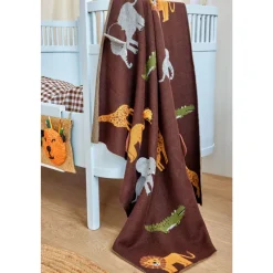 Rice Strikket babyteppe i sjokoladebrun med dyr og 3D-detaljer, Outlet