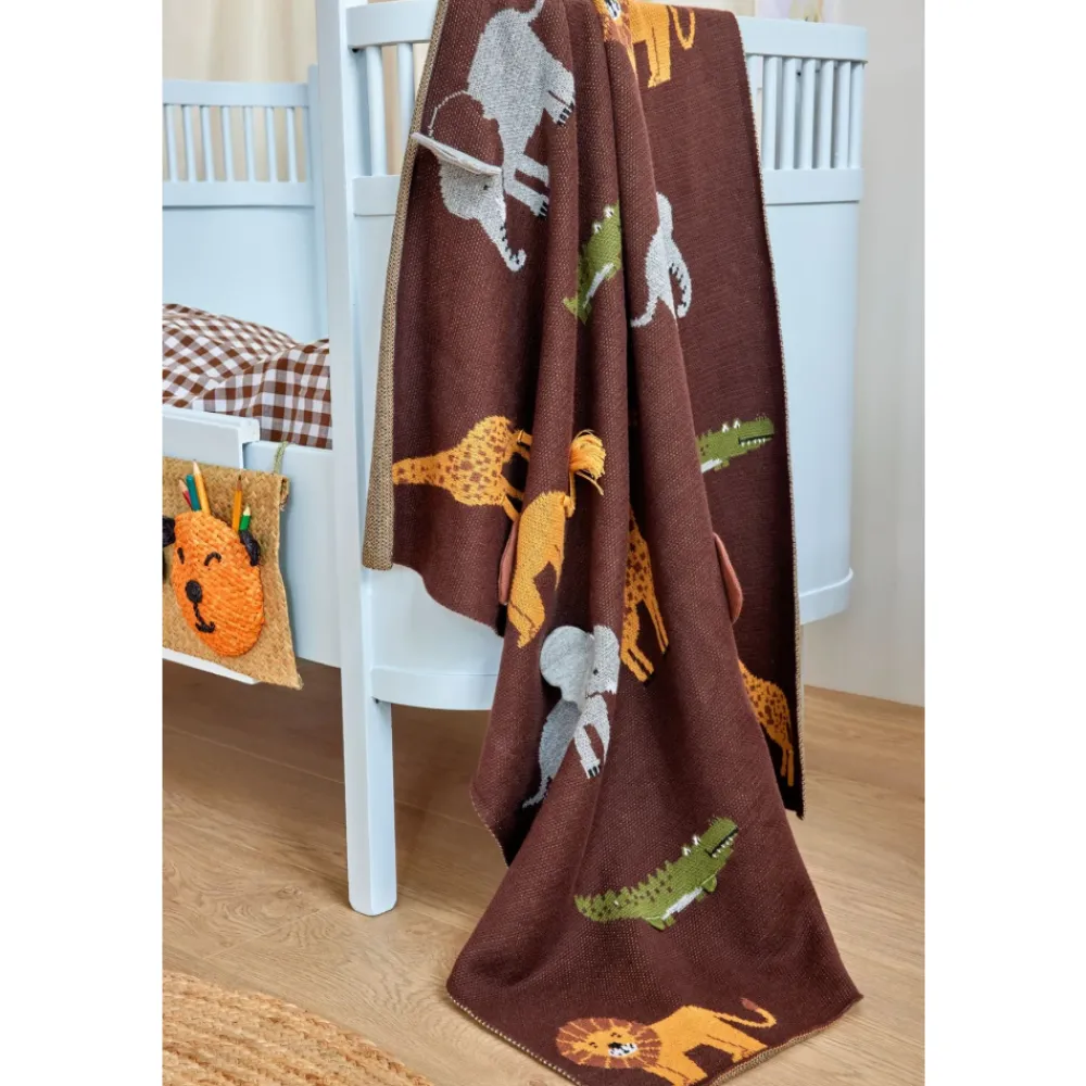Rice Strikket babyteppe i sjokoladebrun med dyr og 3D-detaljer, Outlet