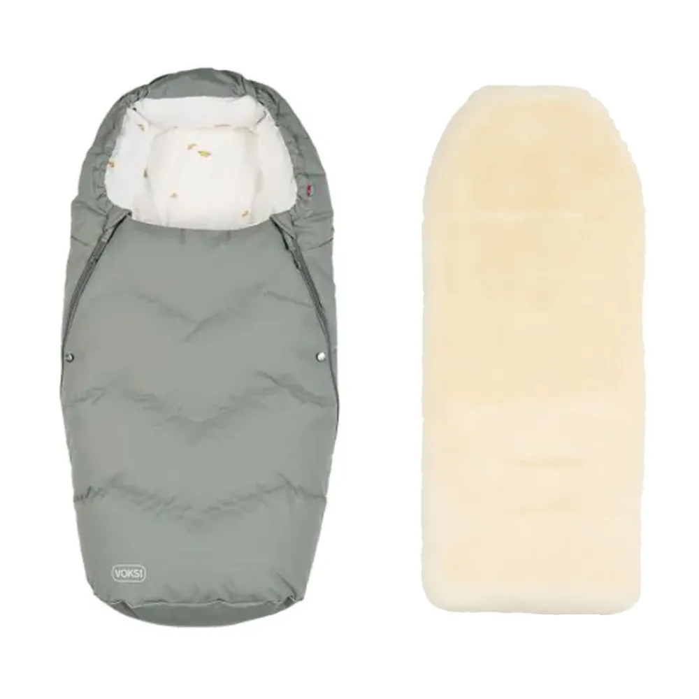 4ME Voksi Urban Vognpose, Meadow Green + Aluna Lammeskinn til Vogn, Natur Discount